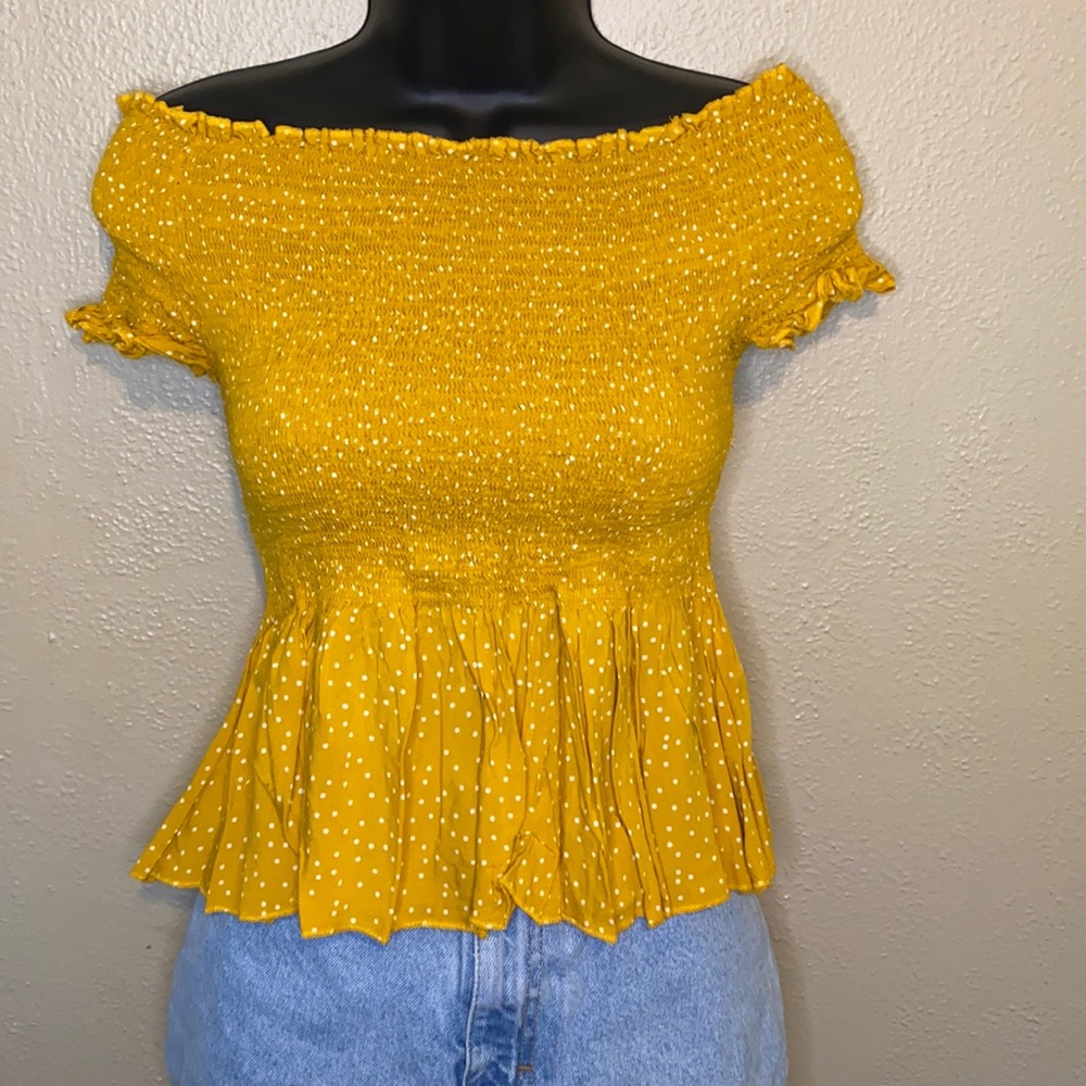 Yellow and white polkadot ruffle crop top